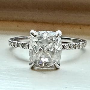 2ct Ice Crushed Elongated Cushion Halo Moissanite Sterling Silver Ring, Size 7.